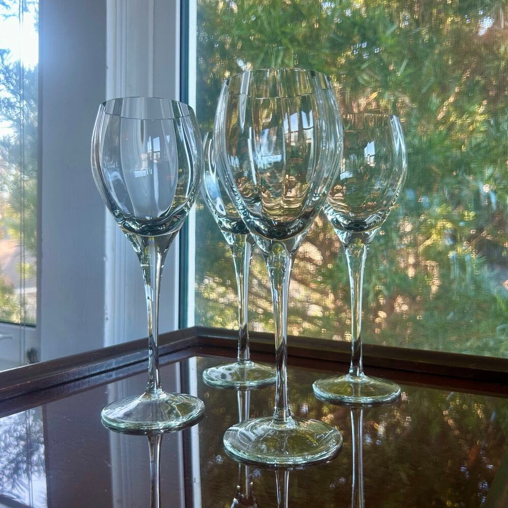 Vintage Blown Optic Wine Glasses Set of 4 Clear Faceted Stemware